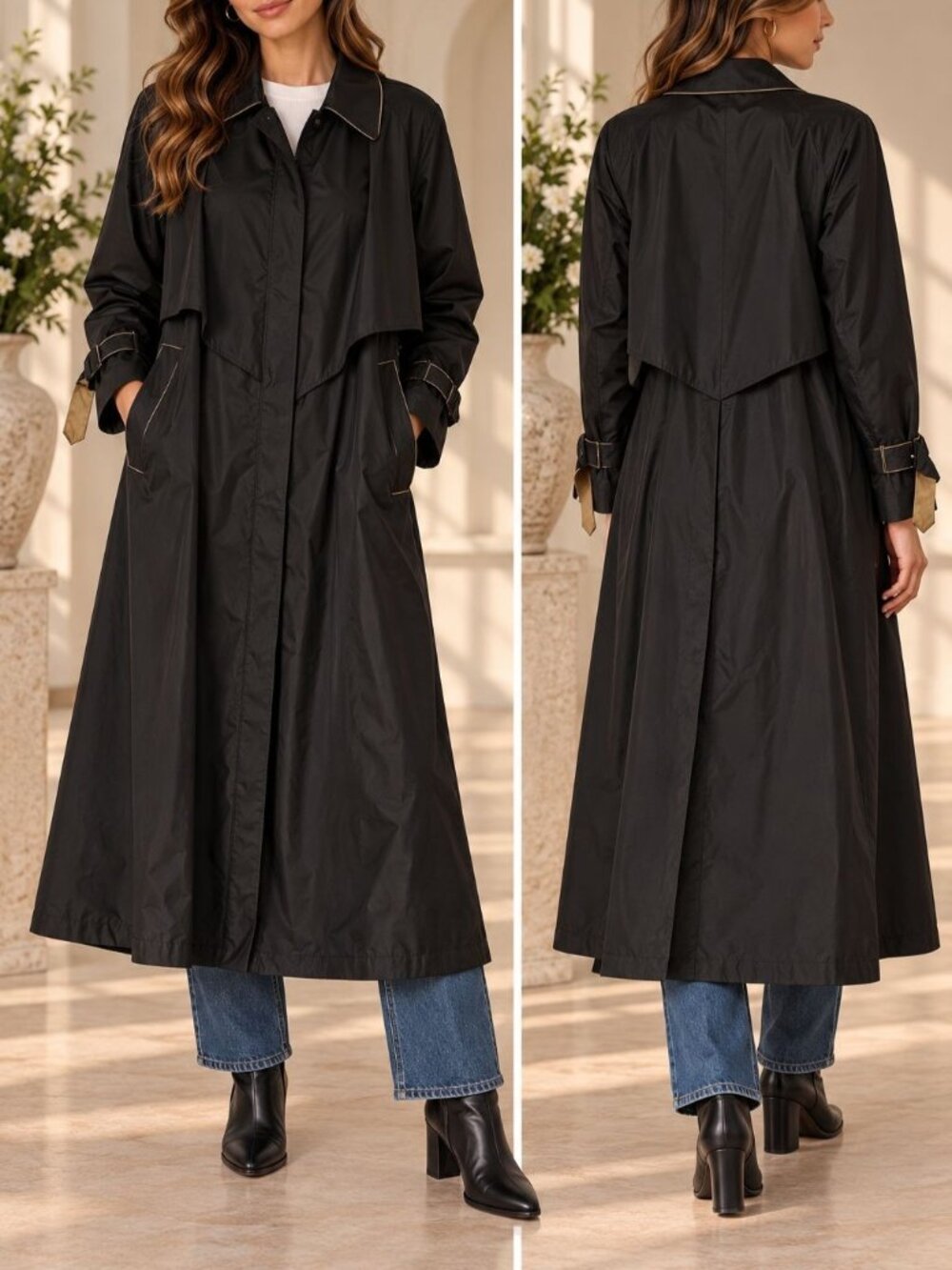Vintage Sears Fleet Street Black Trench Raincoat Sz 4 Gold Piping Mod Retro